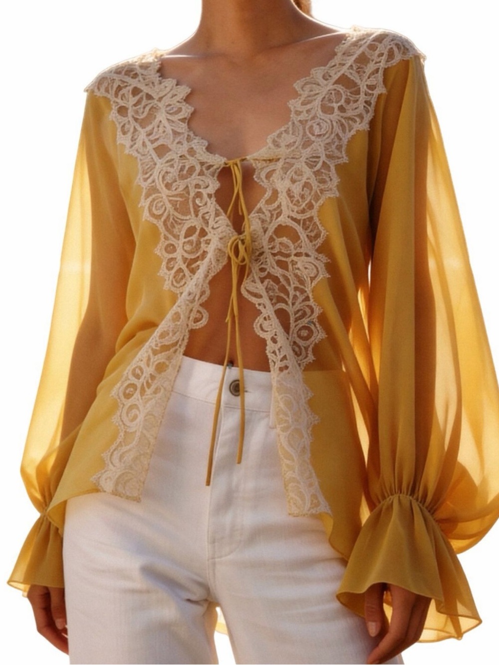 💛 Hello Gorgeous! Sheer Yellow Eyelash Lace-Trim Women’s Blouse